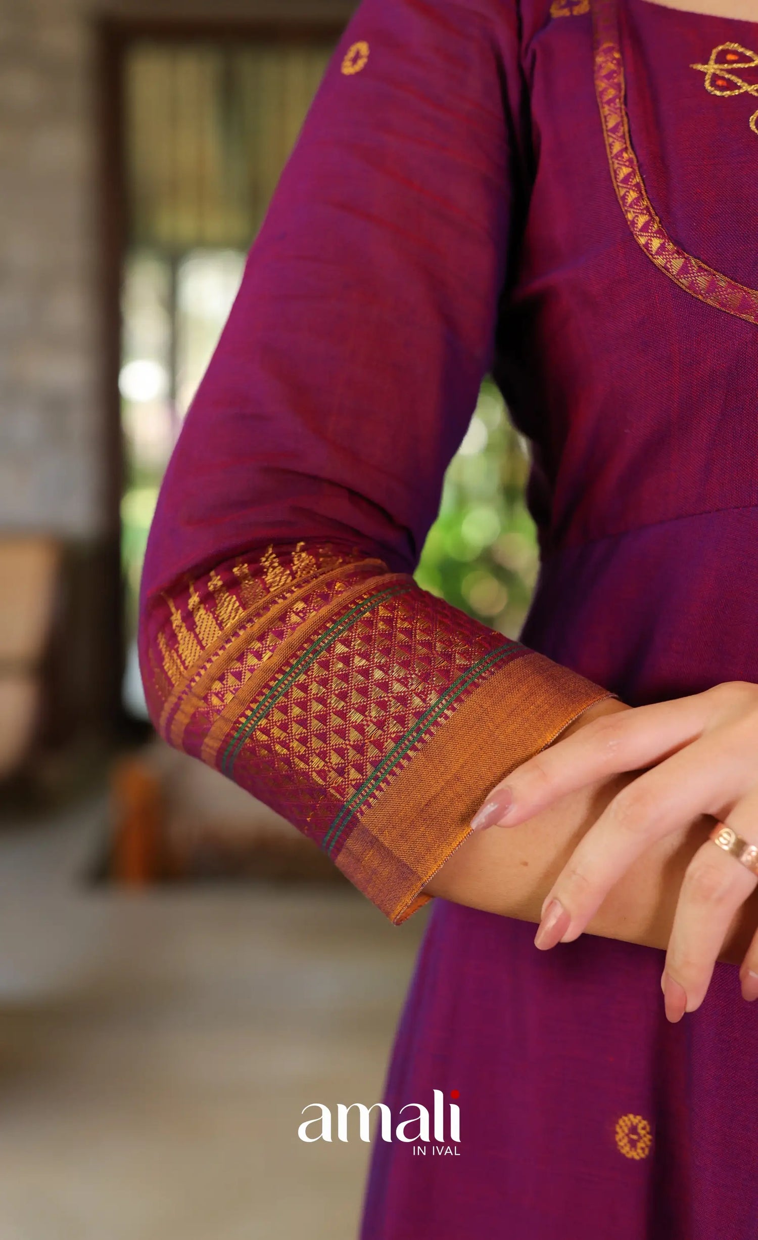 Purplish wine and Mustard Narayanpet Cotton Anarkali - Anarkalis