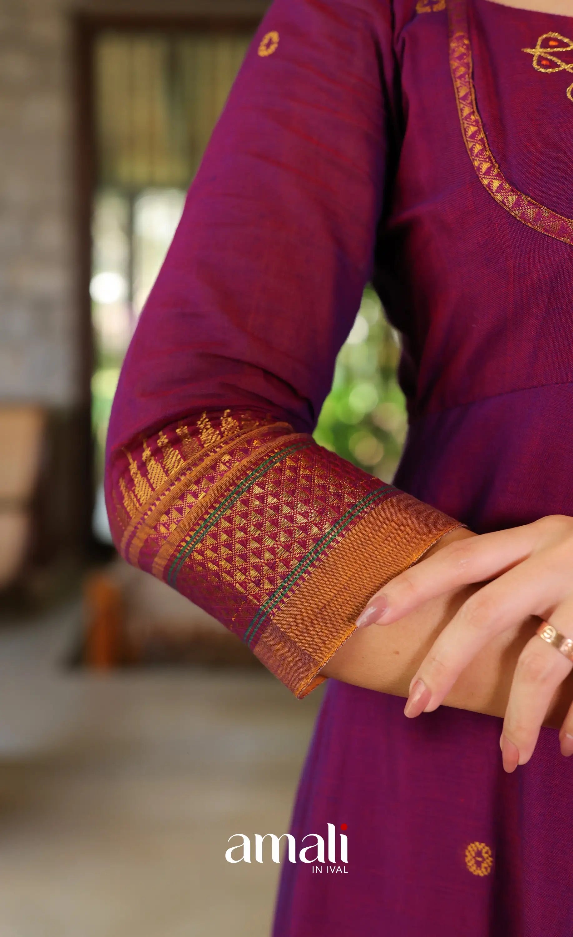 Purplish wine and Mustard Narayanpet Cotton Anarkali - Anarkalis