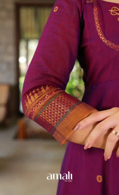 Purplish wine and Mustard Narayanpet Cotton Anarkali - Anarkalis