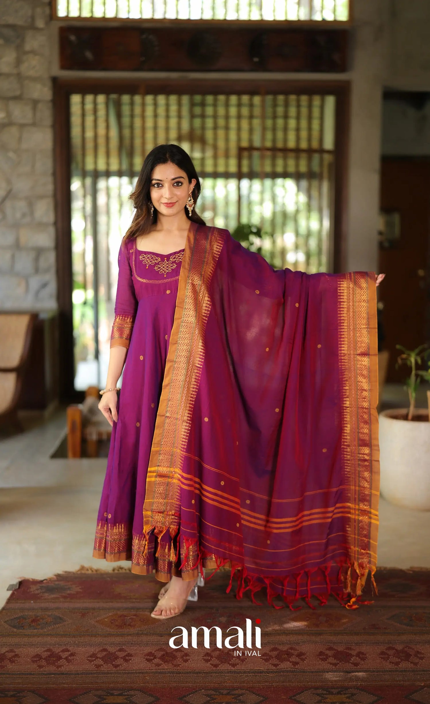 Purplish wine and Mustard Narayanpet Cotton Anarkali - Anarkalis
