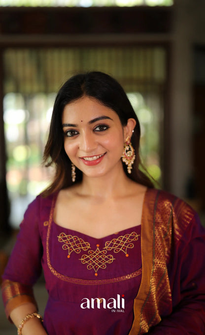 Purplish wine and Mustard Narayanpet Cotton Anarkali - Anarkalis