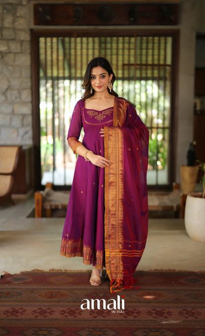 Purplish wine and Mustard Narayanpet Cotton Anarkali - Anarkalis