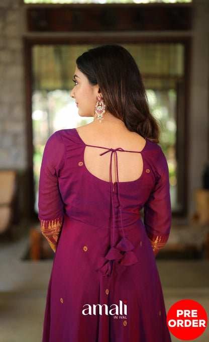 Purplish wine and Mustard Narayanpet Cotton Anarkali - Anarkalis