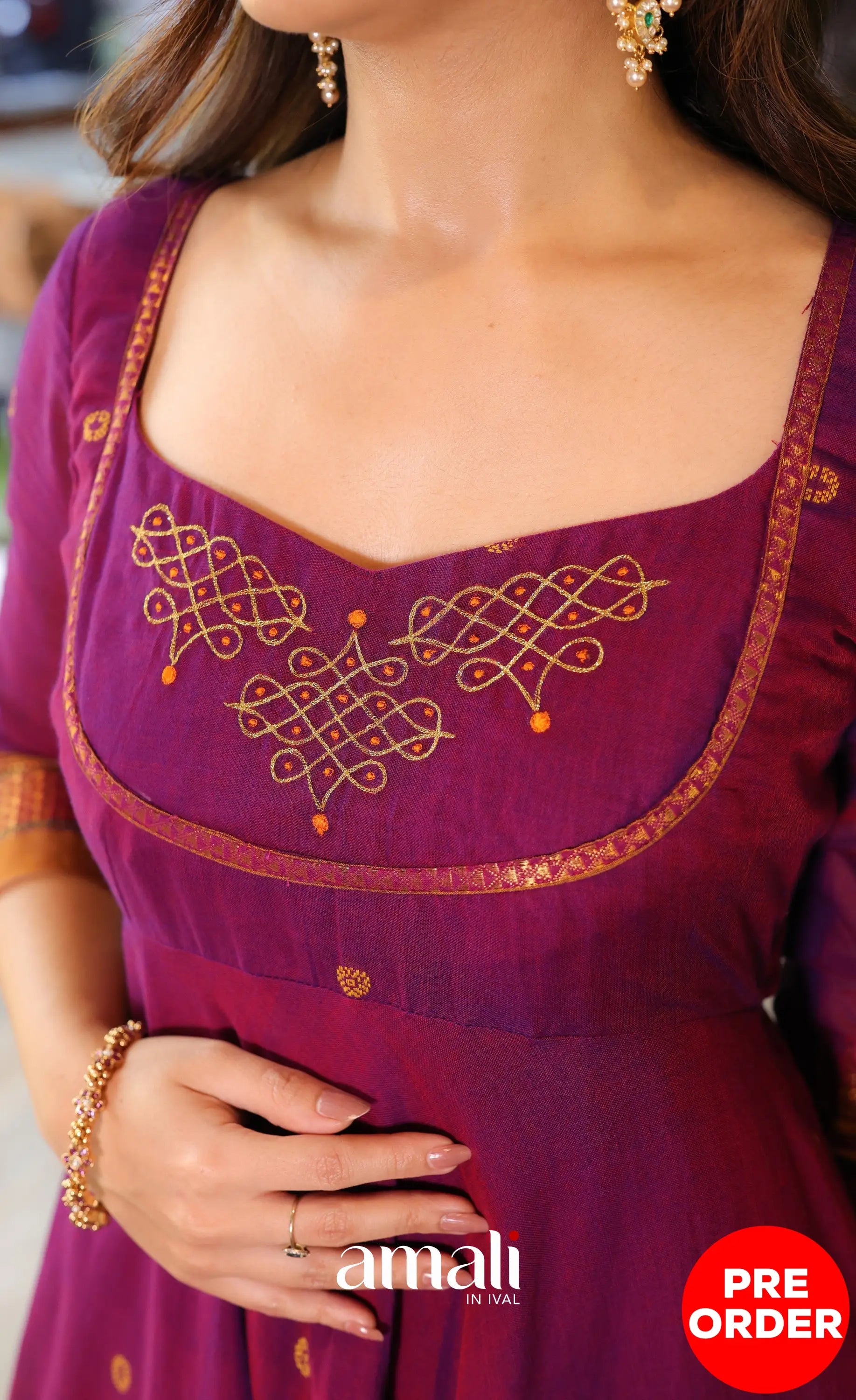 Purplish wine and Mustard Narayanpet Cotton Anarkali - Anarkalis