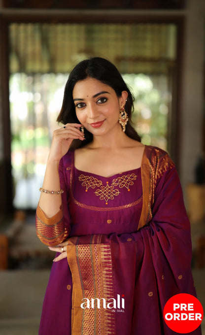 Purplish wine and Mustard Narayanpet Cotton Anarkali - Anarkalis