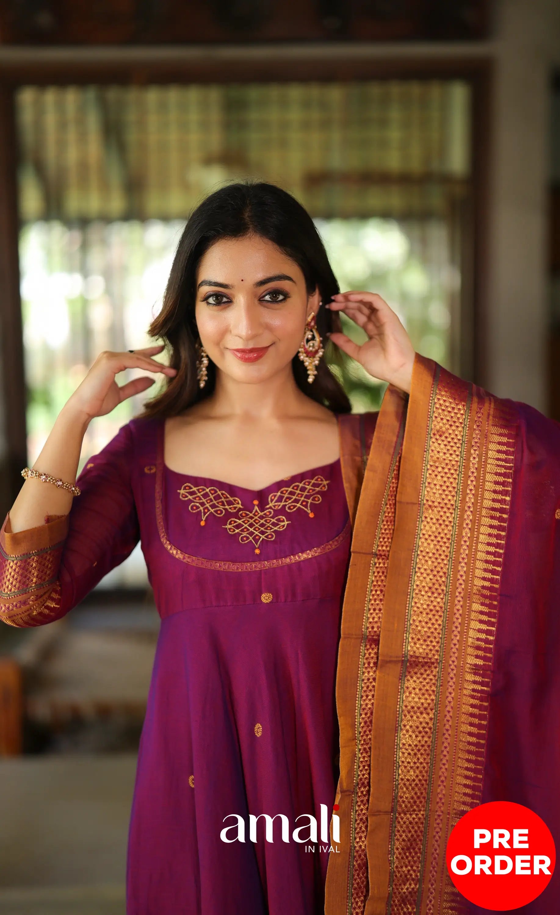 Purplish wine and Mustard Narayanpet Cotton Anarkali - Anarkalis