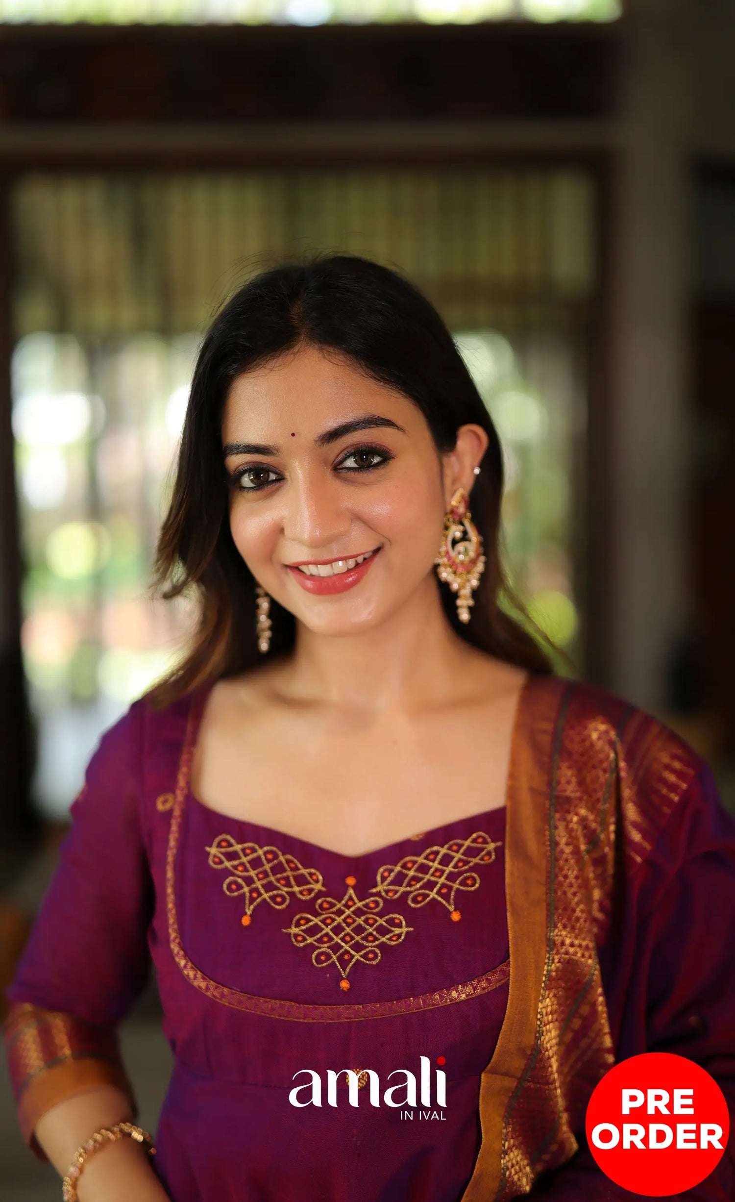 Purplish wine and Mustard Narayanpet Cotton Anarkali - Anarkalis