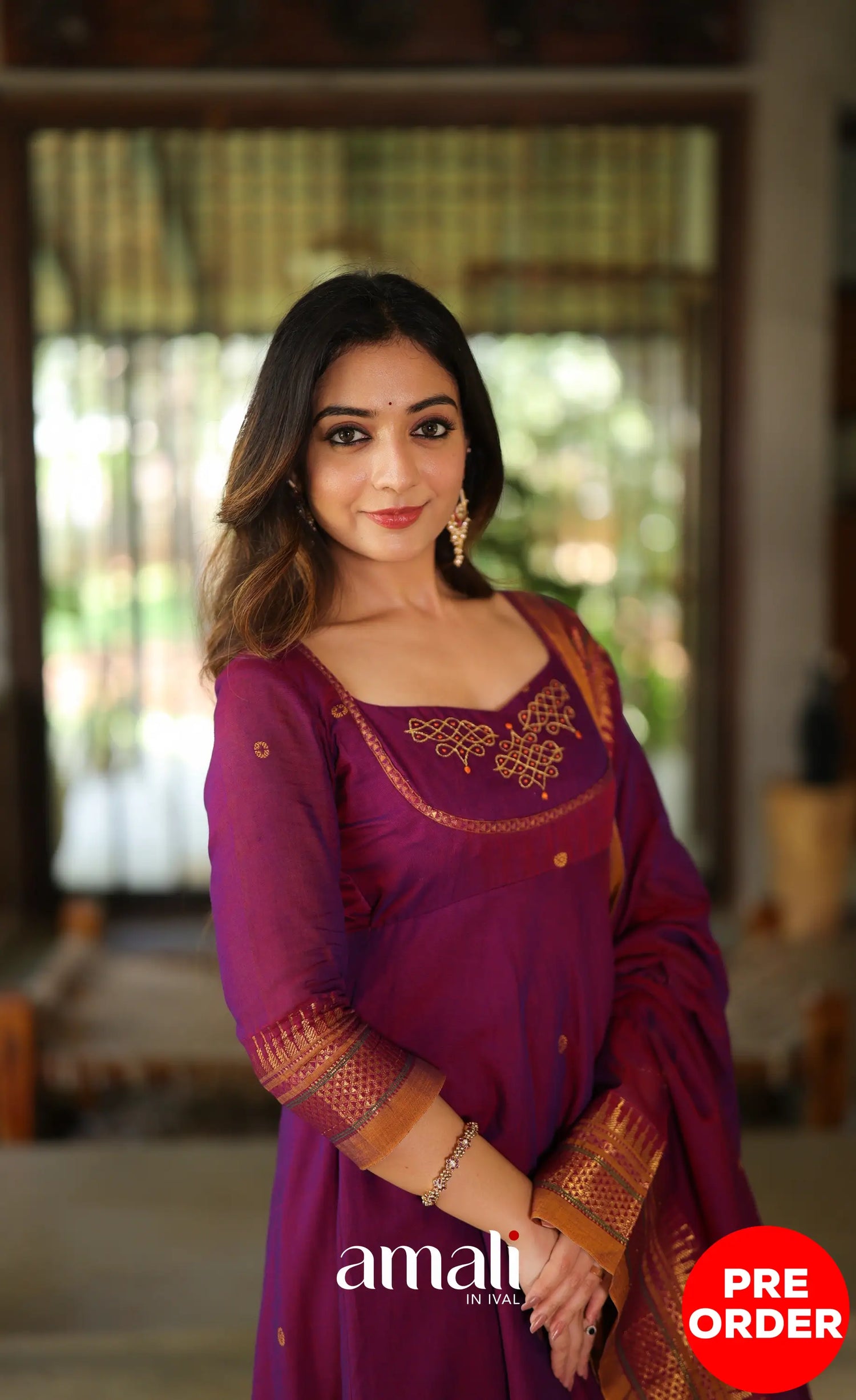 Purplish wine and Mustard Narayanpet Cotton Anarkali - Anarkalis