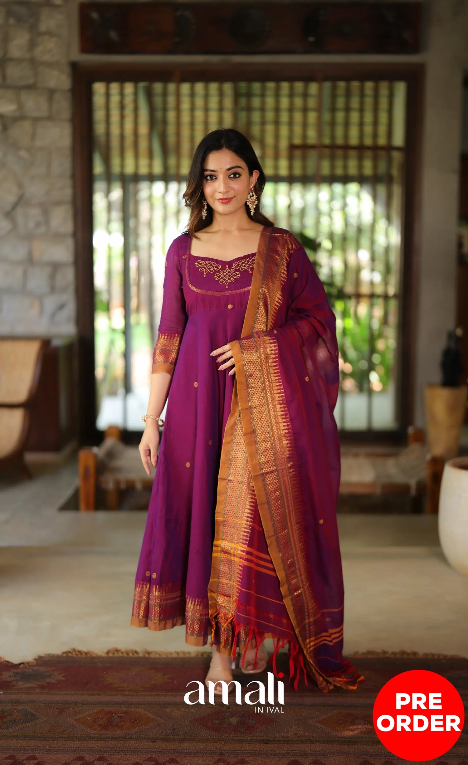 Purplish wine and Mustard Narayanpet Cotton Anarkali - Anarkalis