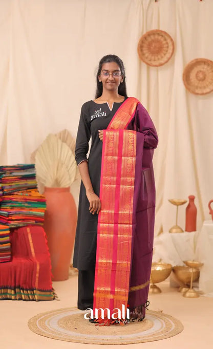 Purplish Wine With Bright Pink Chettinad Cotton Dupatta salwar