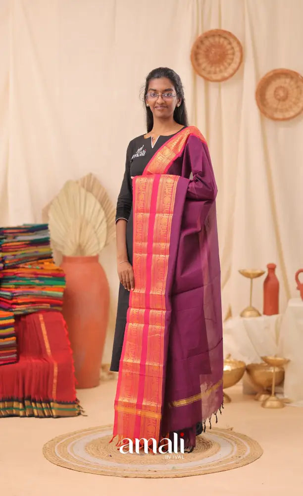 Purplish Wine With Bright Pink Chettinad Cotton Dupatta salwar
