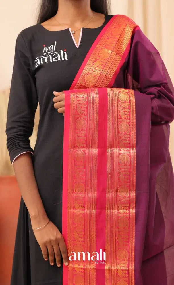 Purplish Wine With Bright Pink Chettinad Cotton Dupatta salwar