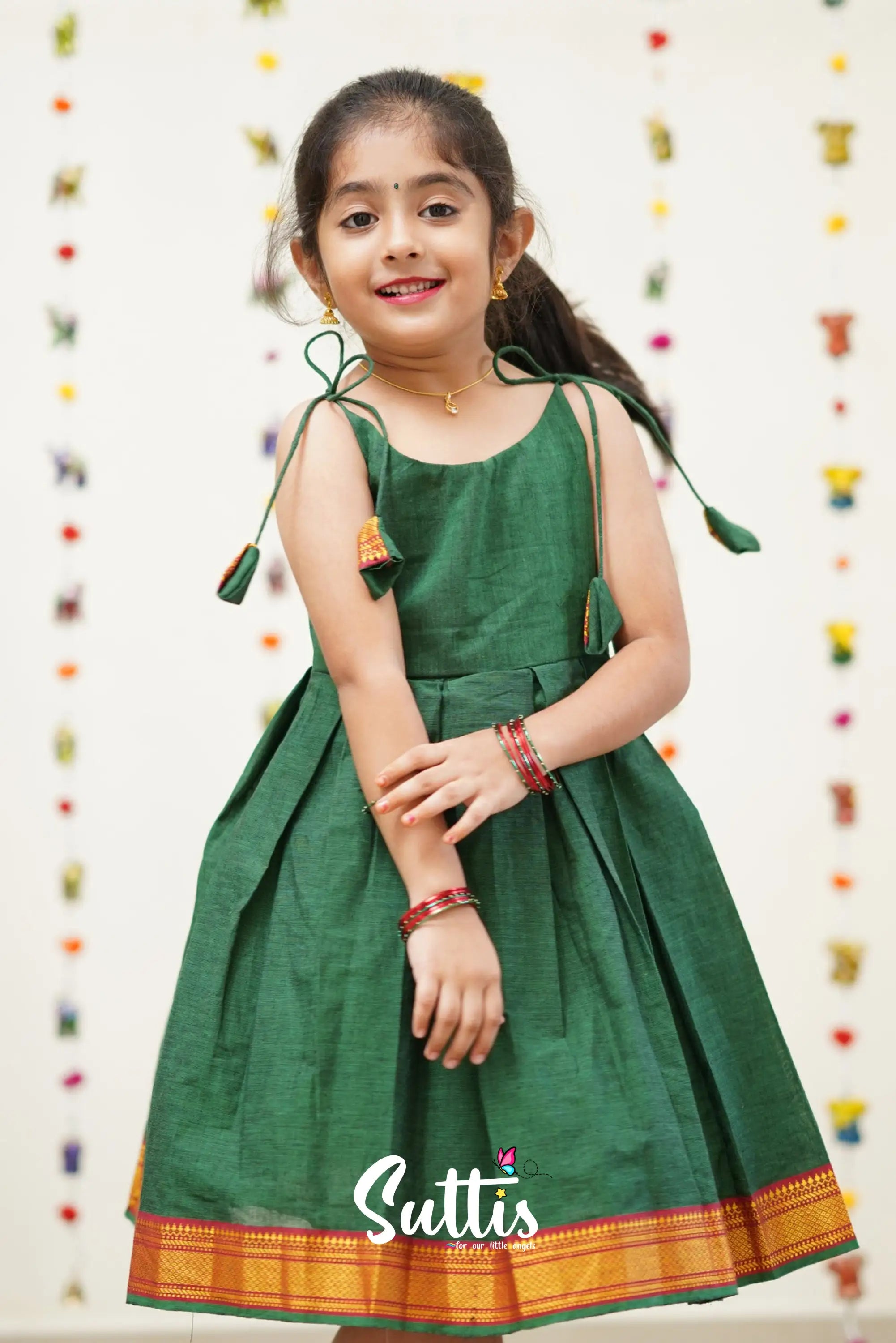 Raaga - Bottle Green And Red Cotton Suttis Frock Kids-Suttis