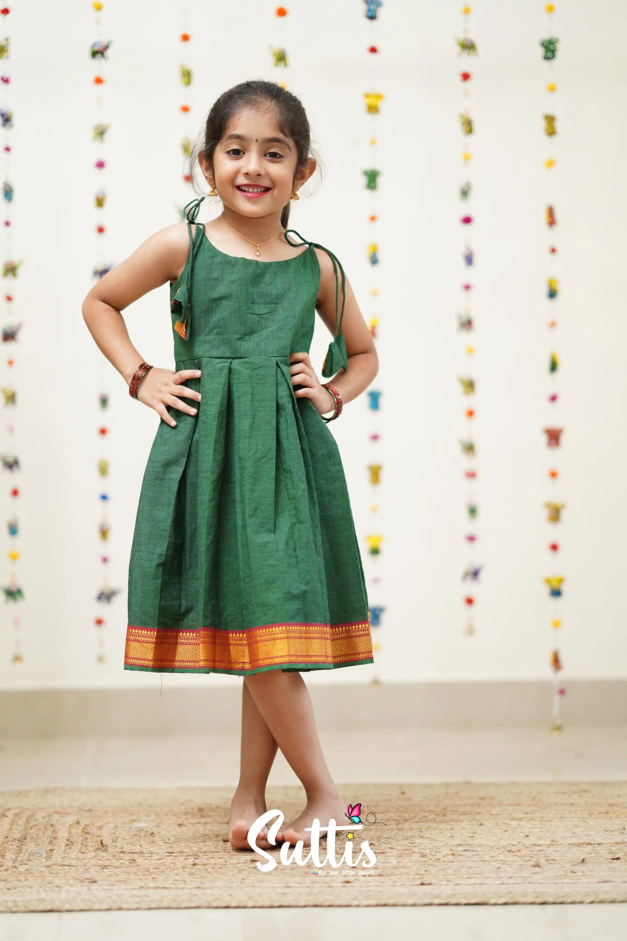 Raaga - Bottle Green And Red Cotton Suttis Frock Kids-Suttis