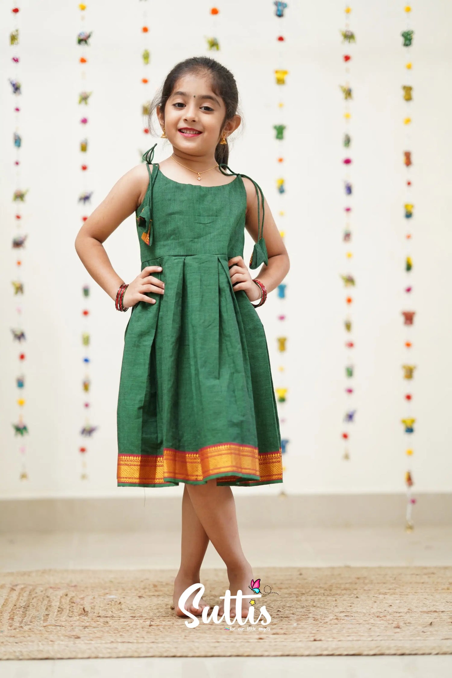 Raaga - Bottle Green And Red Cotton Suttis Frock Kids-Suttis