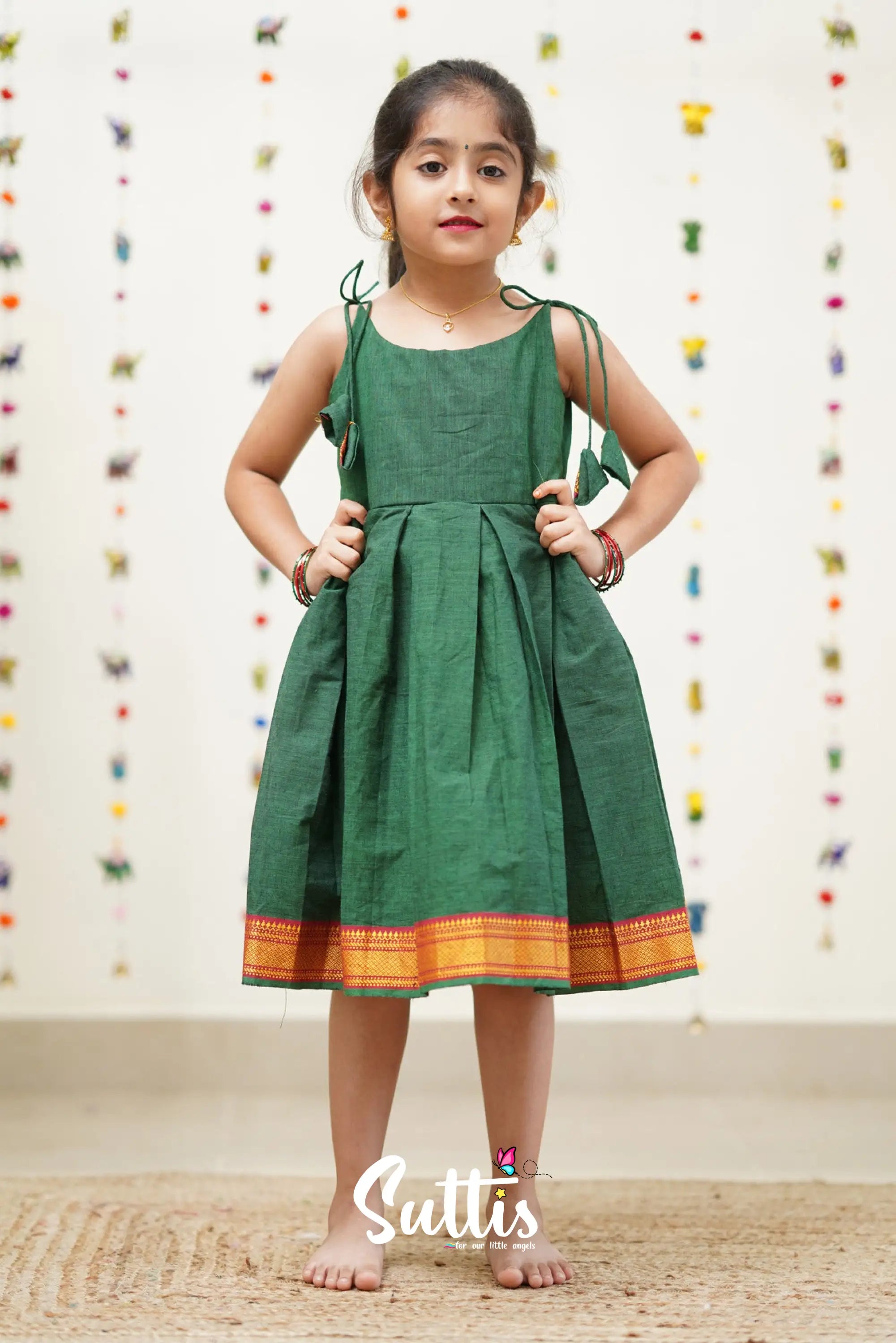 Raaga - Bottle Green And Red Cotton Suttis Frock Kids-Suttis