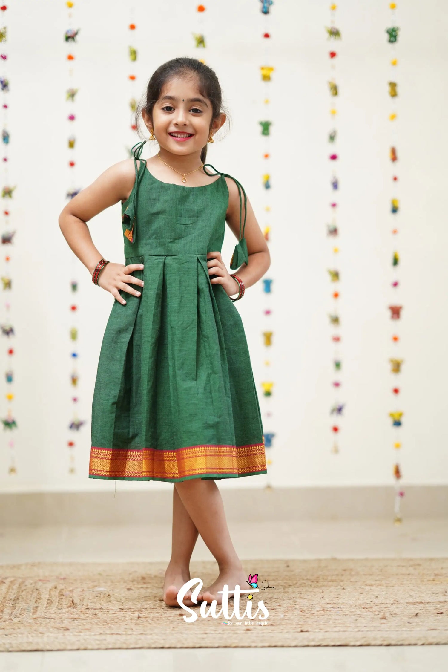 Raaga - Bottle Green And Red Cotton Suttis Frock Kids-Suttis