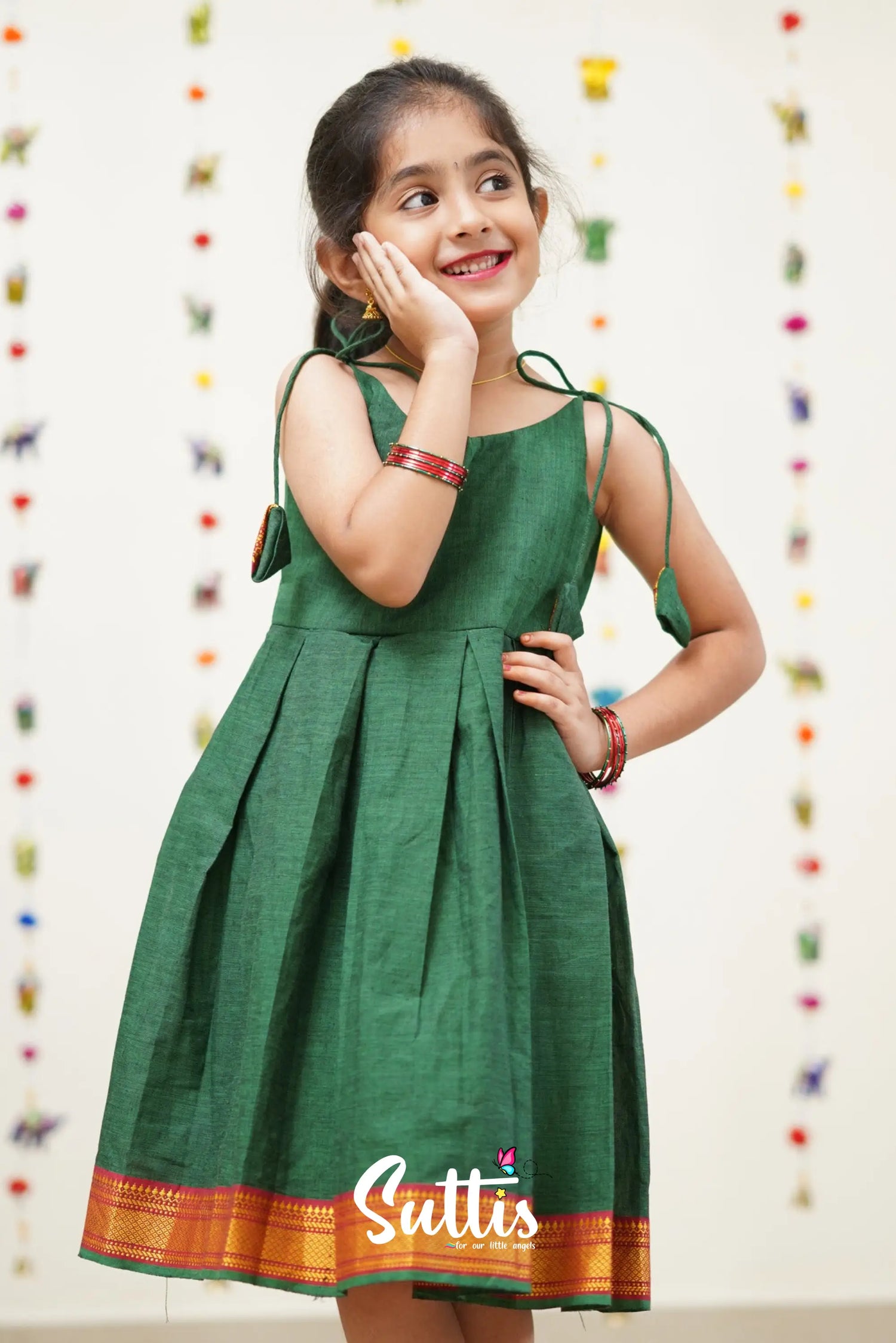 Raaga - Bottle Green And Red Cotton Suttis Frock Kids-Suttis