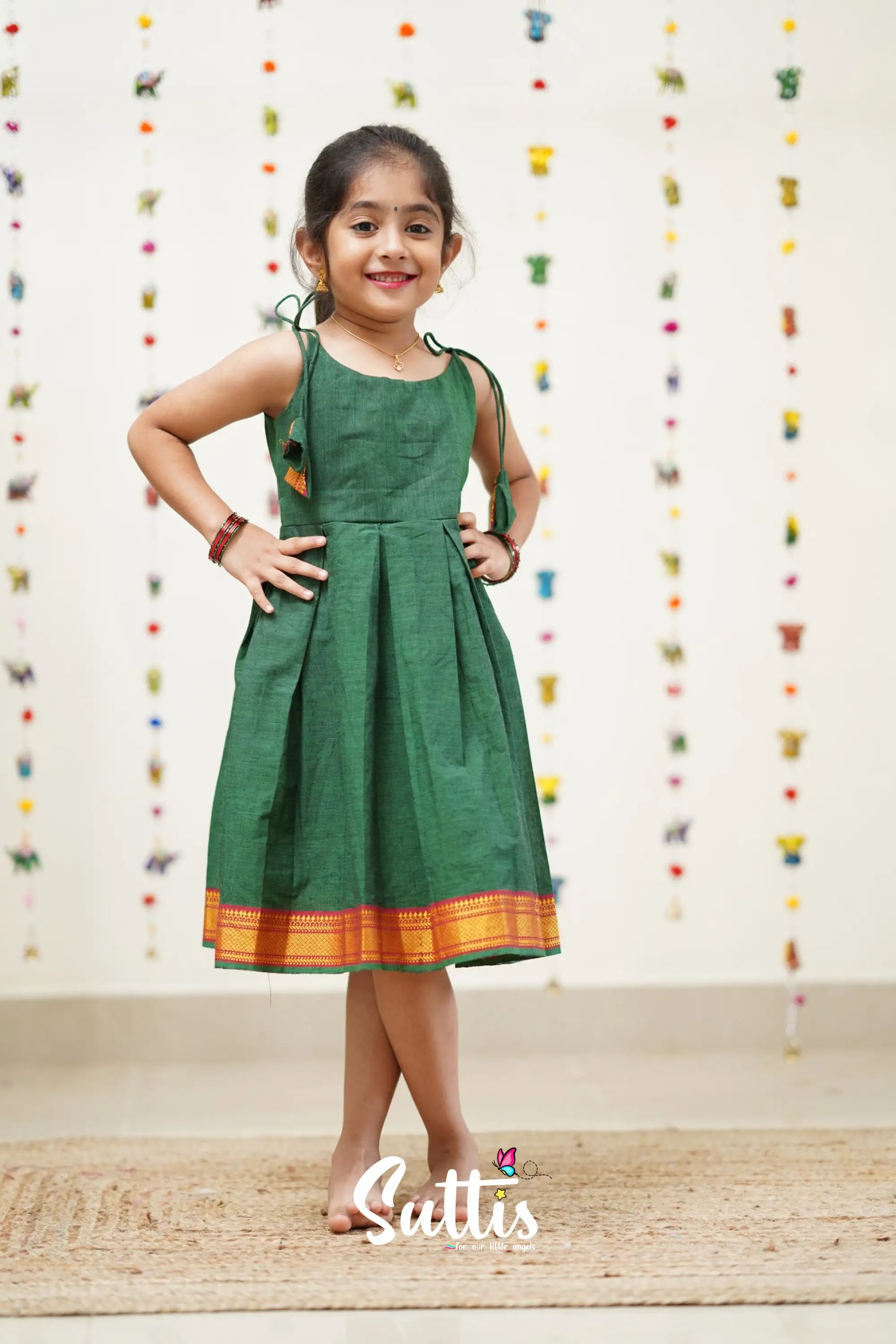 Raaga - Bottle Green And Red Cotton Suttis Frock Kids-Suttis