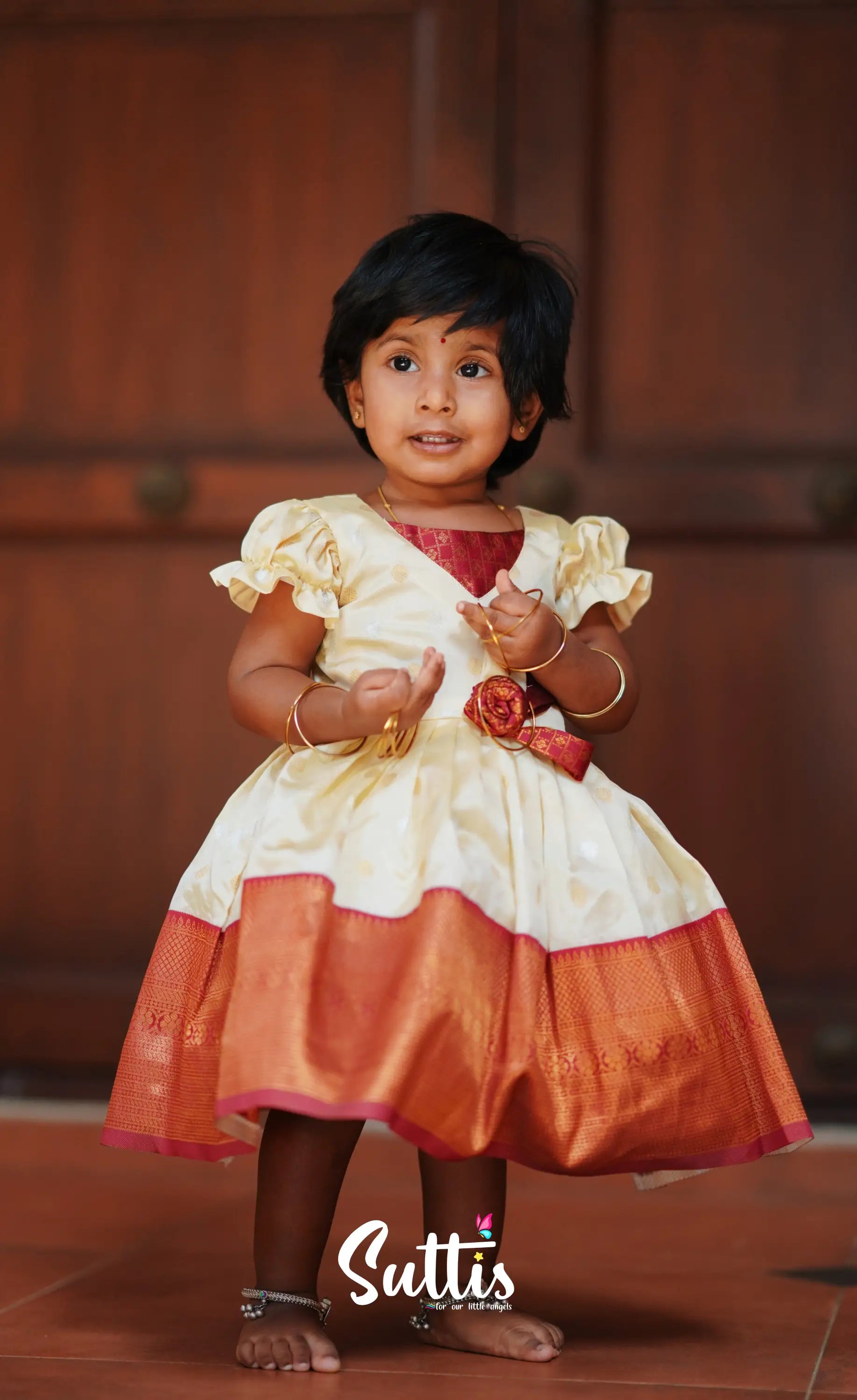 Raaga - Cream And Maroon Blended Silk Frock Kids-Suttis