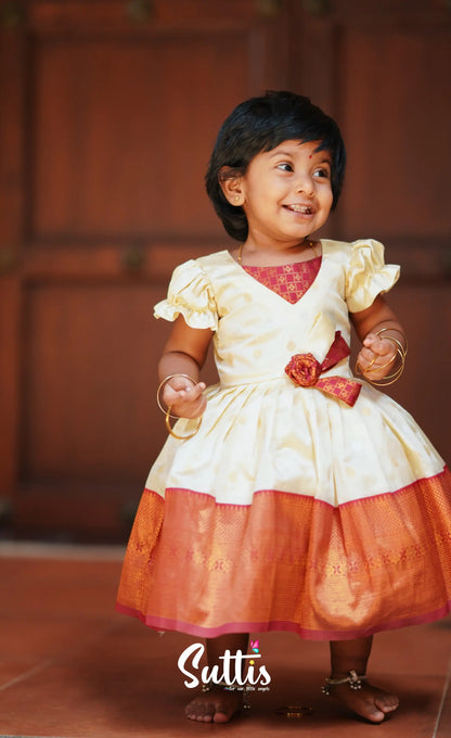 Raaga - Cream And Maroon Blended Silk Frock Kids-Suttis