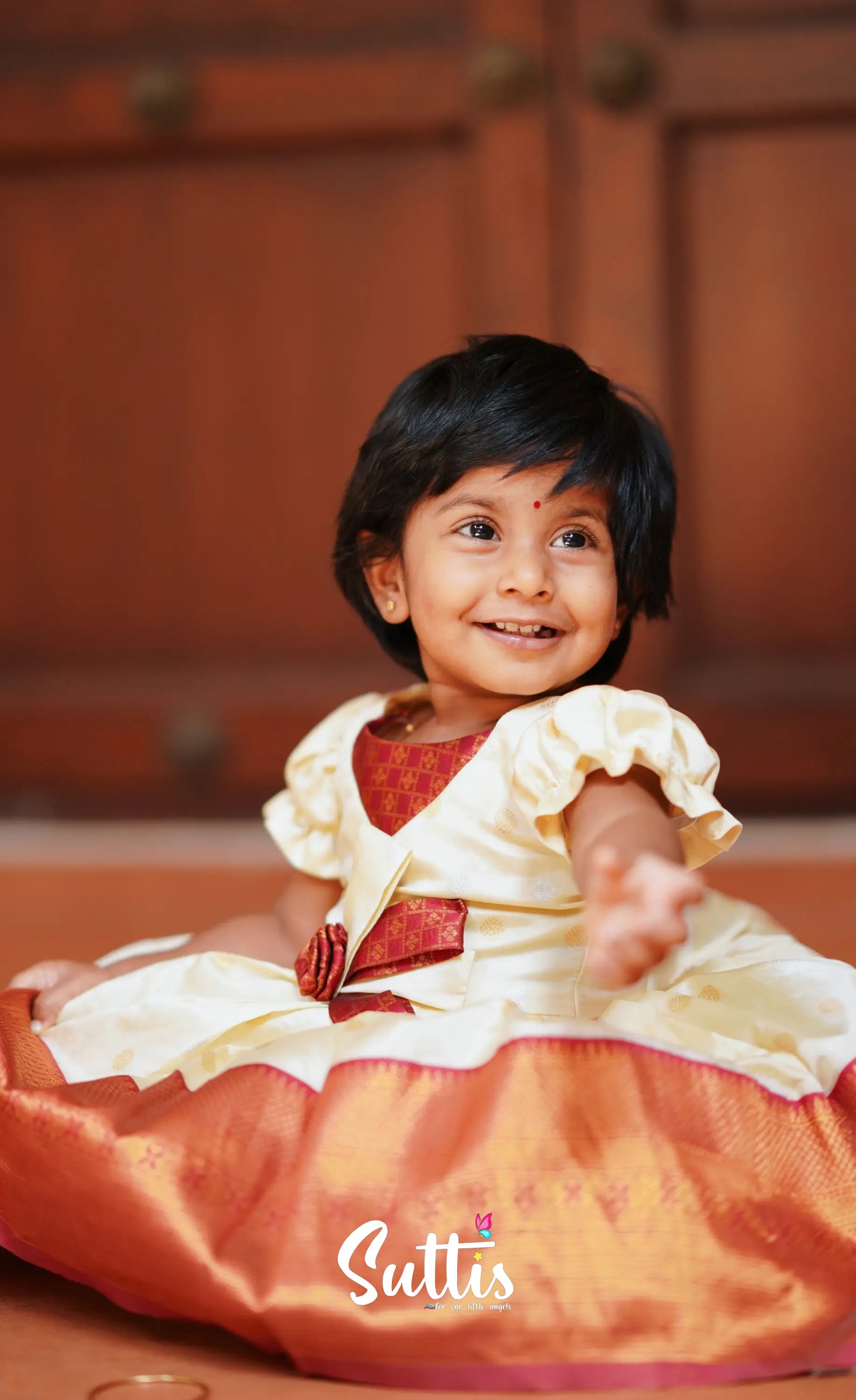 Raaga - Cream And Maroon Blended Silk Frock Kids-Suttis