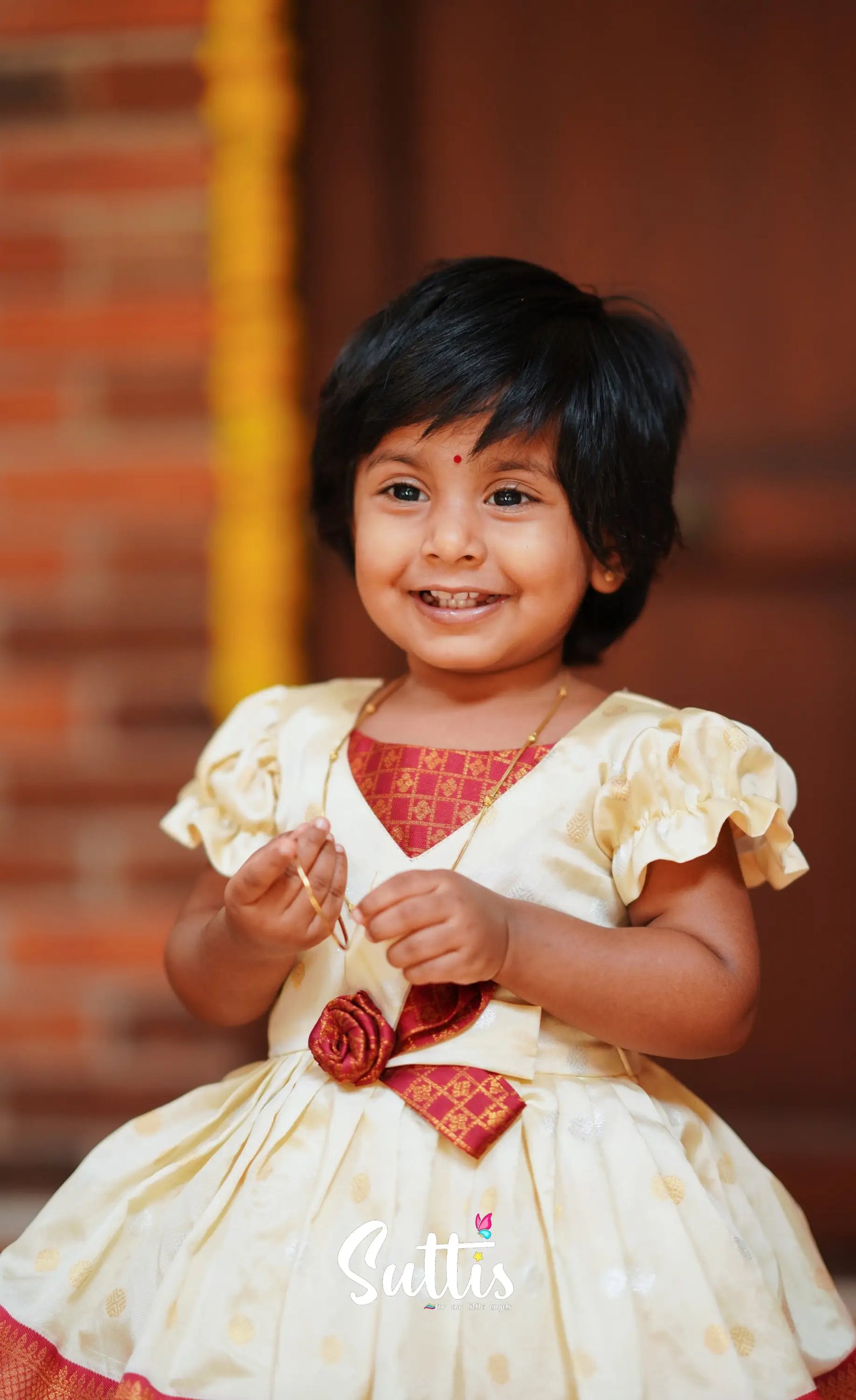 Raaga - Cream And Maroon Blended Silk Frock Kids-Suttis