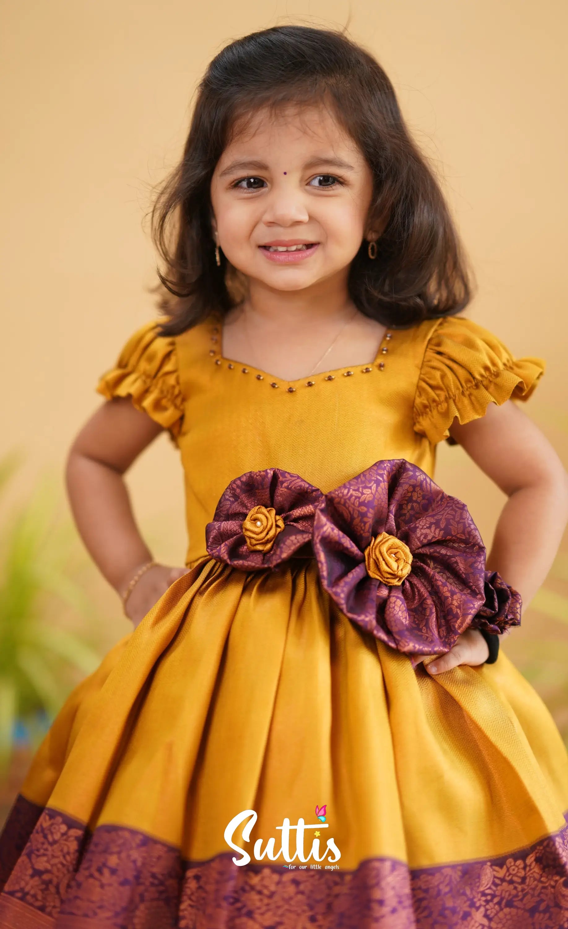 Raaga - Deep Yellow Shade And Dark Purple Tone Blended Silk Frock Kids-Suttis