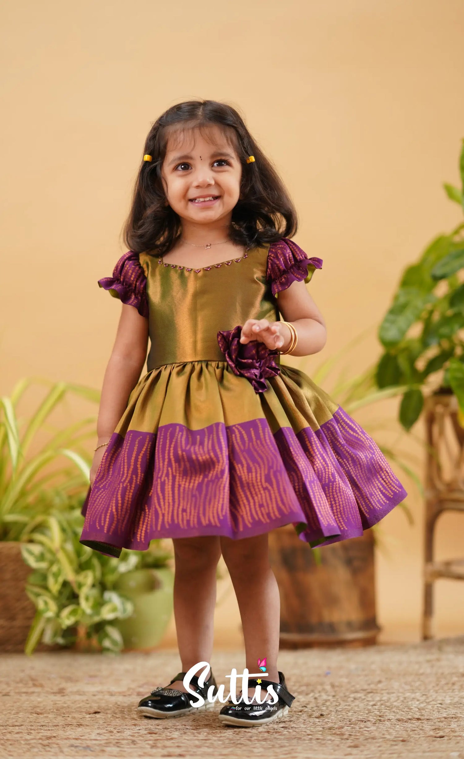 Raaga - Green Shade And Magenta Tone Blended Silk Frock Kids-Suttis