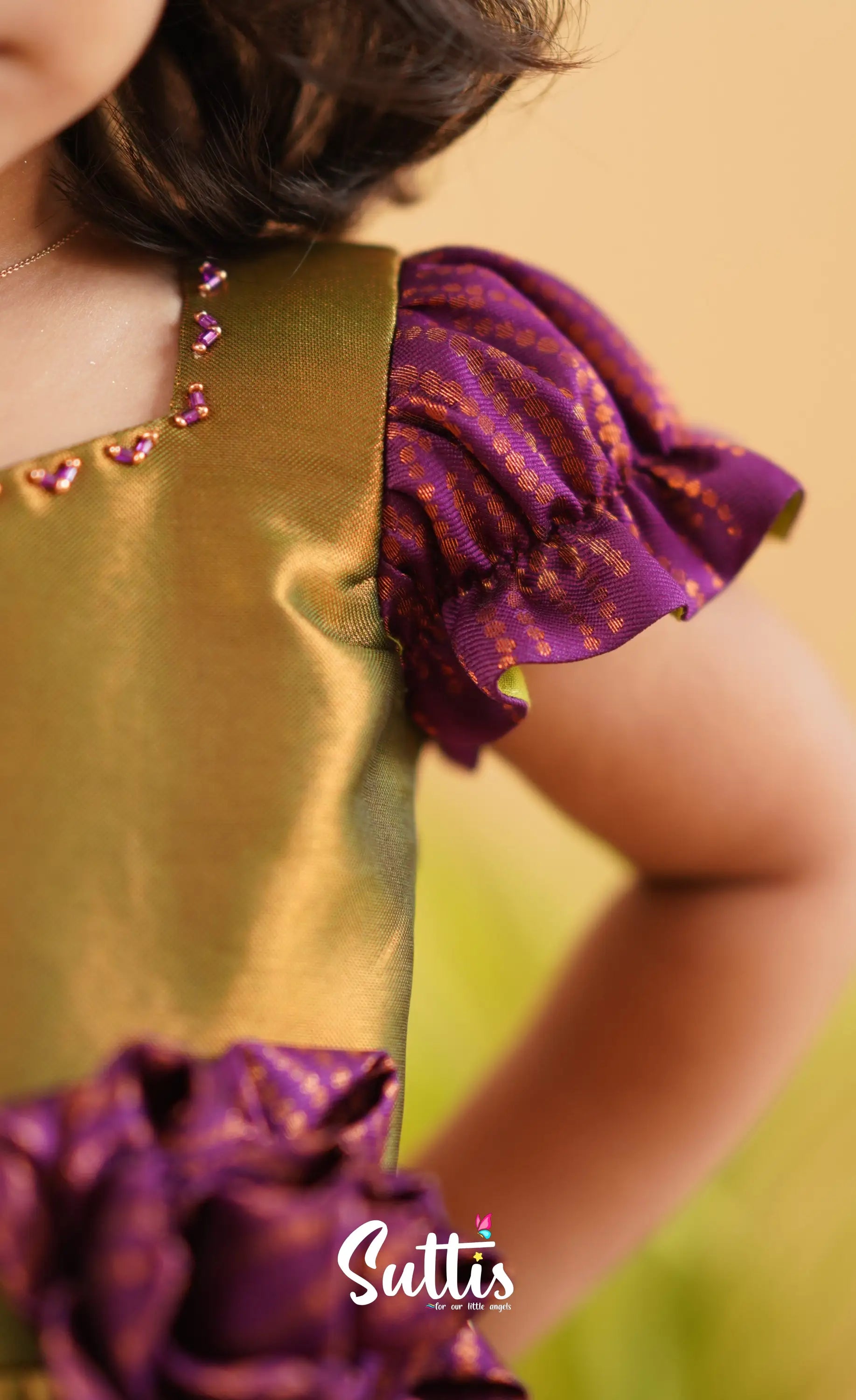 Raaga - Green Shade And Magenta Tone Blended Silk Frock Kids-Suttis