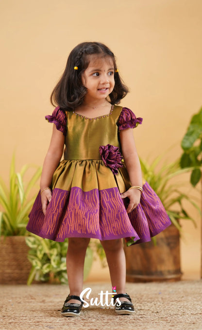 Raaga - Green Shade And Magenta Tone Blended Silk Frock Kids-Suttis