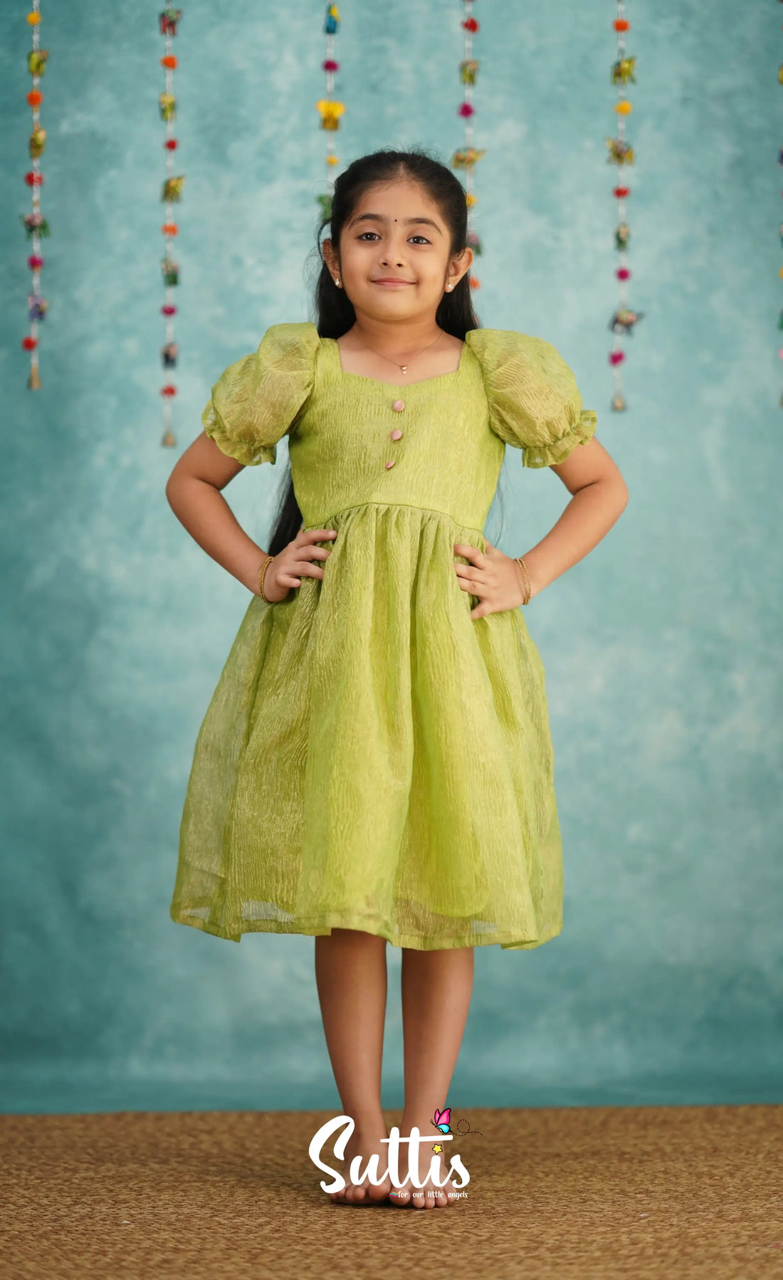 Raaga Green Shade Crushed Silk Frock Kids-Suttis