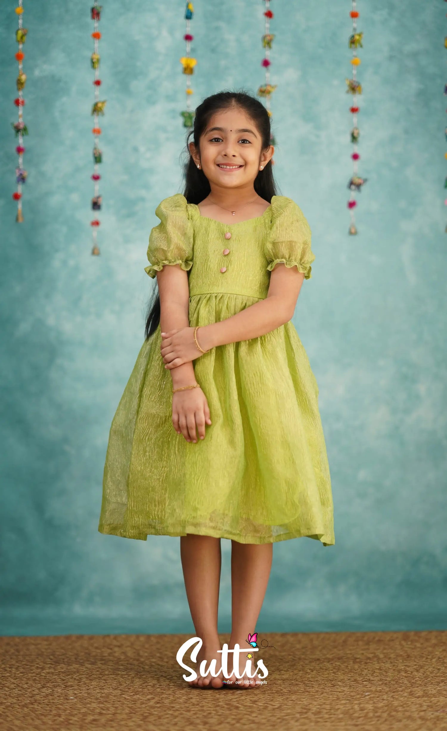 Raaga Green Shade Crushed Silk Frock Kids-Suttis