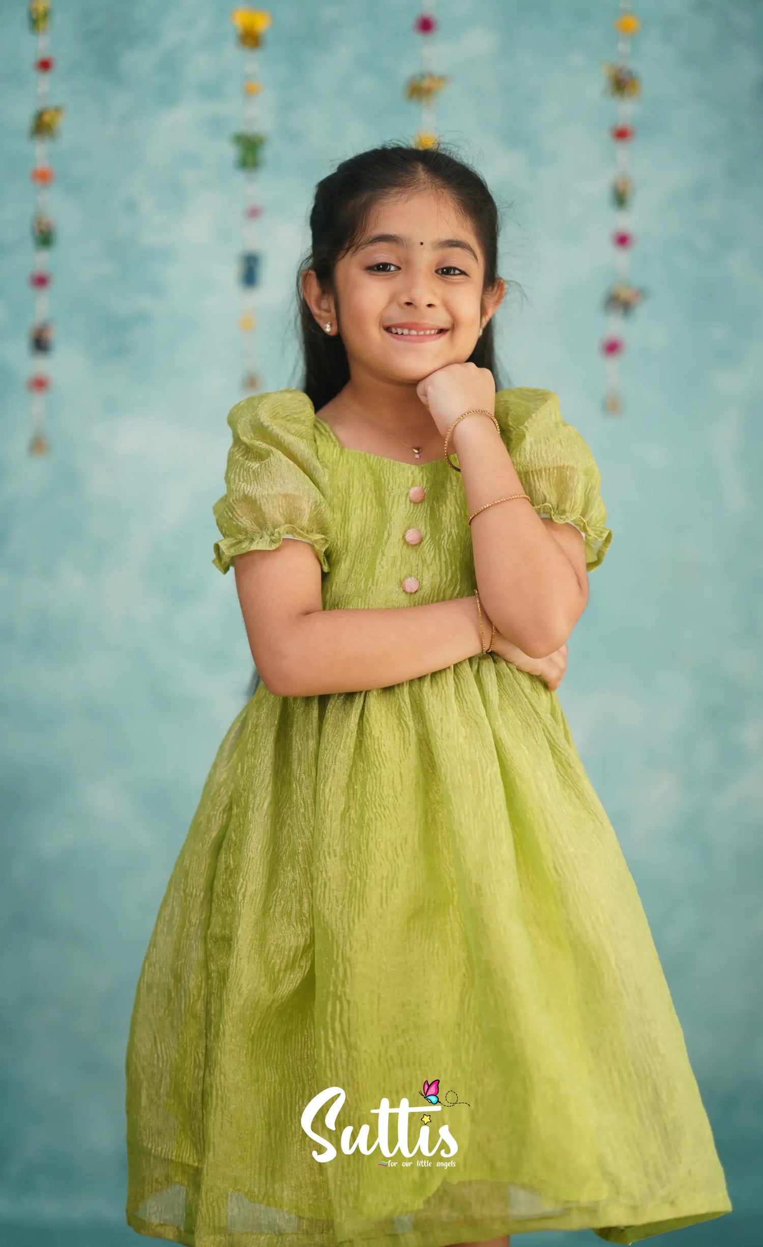 Raaga Green Shade Crushed Silk Frock Kids-Suttis