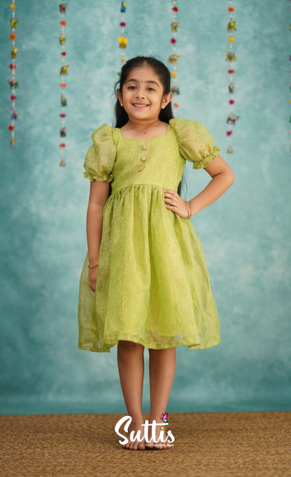 Raaga Green Shade Crushed Silk Frock Kids-Suttis