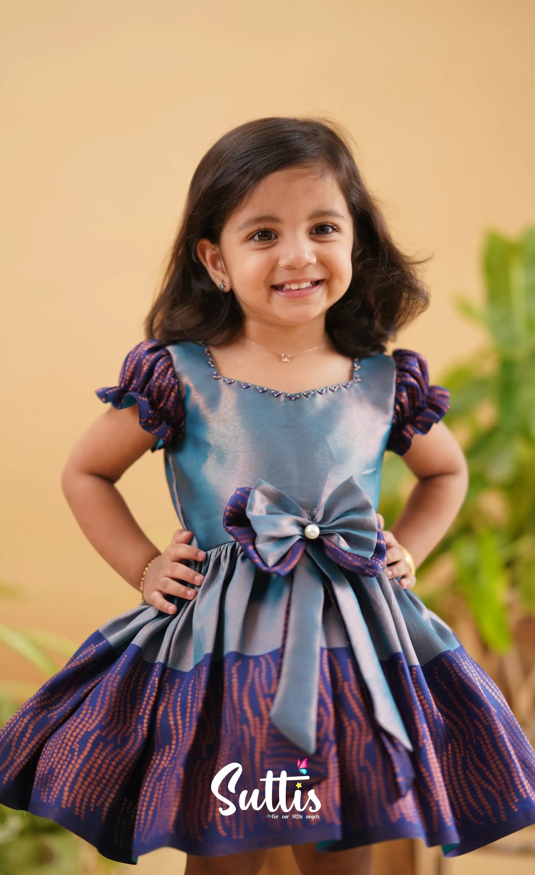 Raaga - Light Blue Shade And Dark Blended Silk Frock Kids-Suttis