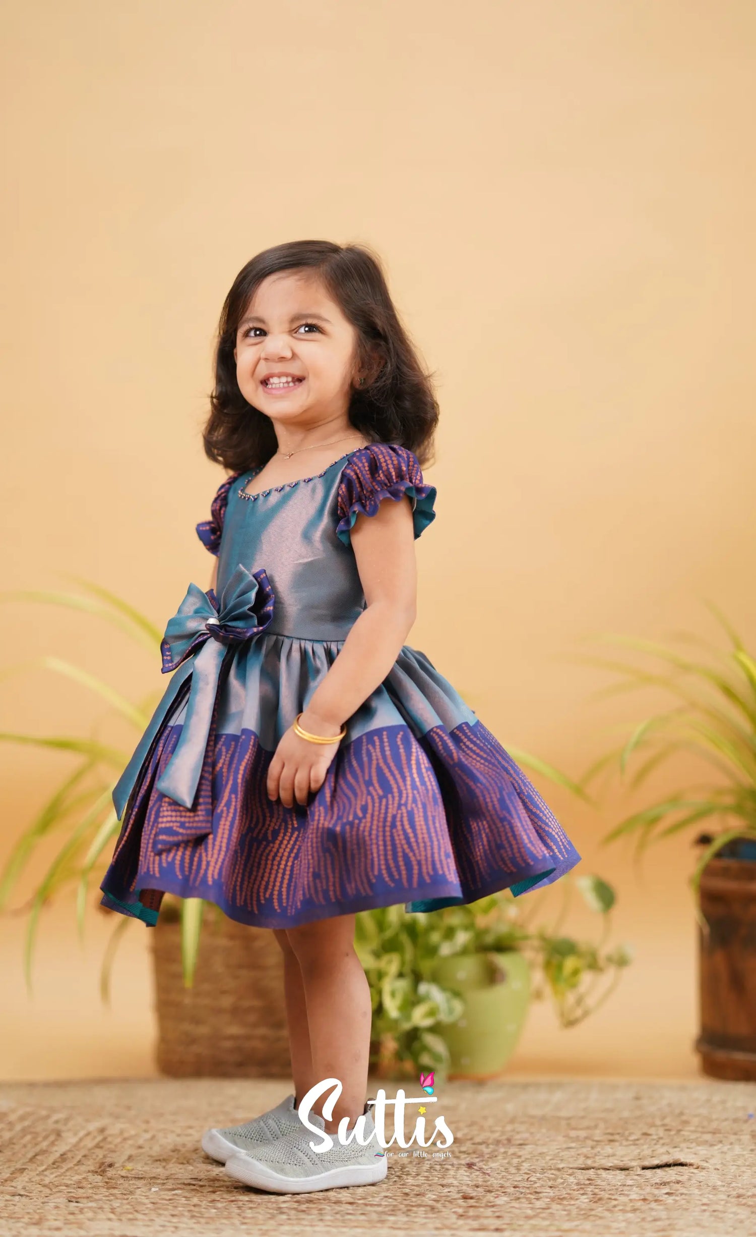 Raaga - Light Blue Shade And Dark Blended Silk Frock Kids-Suttis