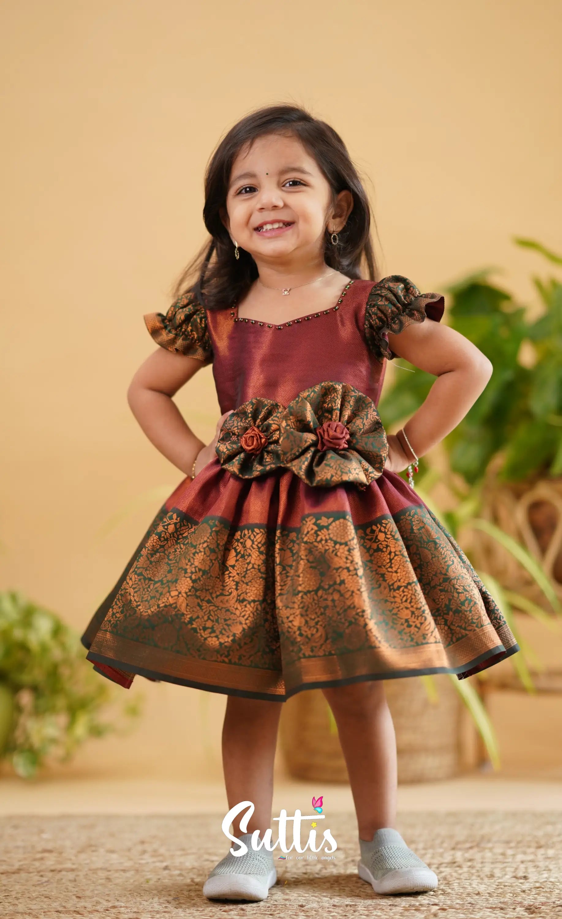 Raaga - Maroon Shade And Dark Green Tone Blended Silk Frock Kids-Suttis