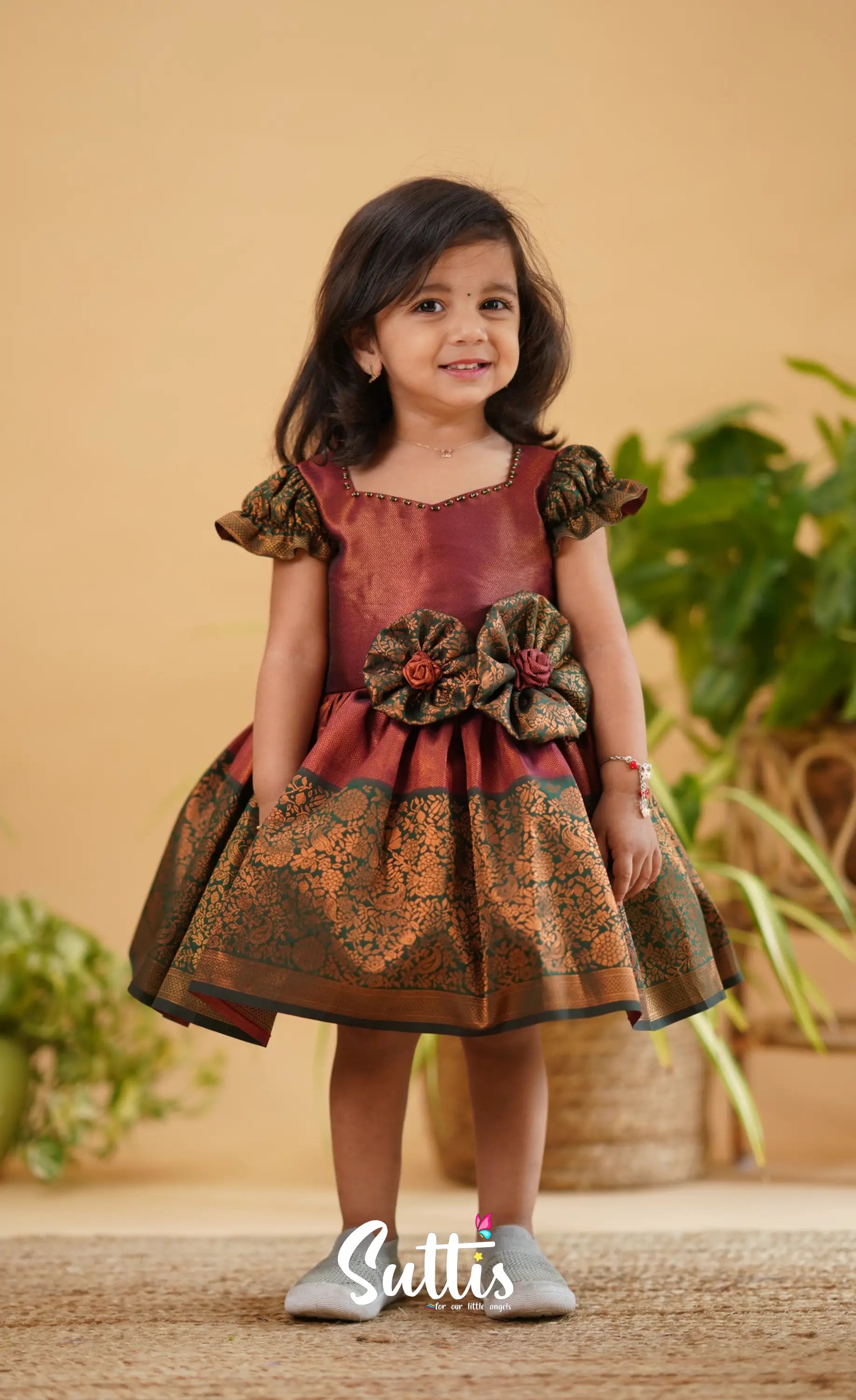 Raaga - Maroon Shade And Dark Green Tone Blended Silk Frock Kids-Suttis