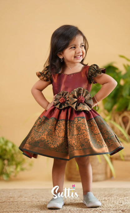 Raaga - Maroon Shade And Dark Green Tone Blended Silk Frock Kids-Suttis