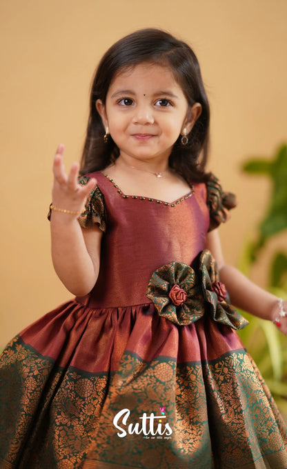 Raaga - Maroon Shade And Dark Green Tone Blended Silk Frock Kids-Suttis