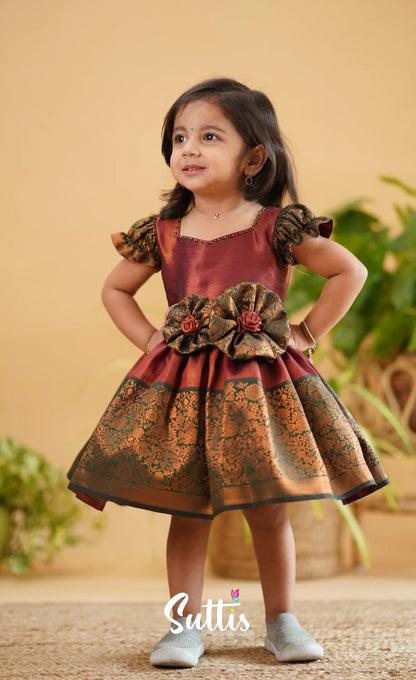 Raaga - Maroon Shade And Dark Green Tone Blended Silk Frock Kids-Suttis