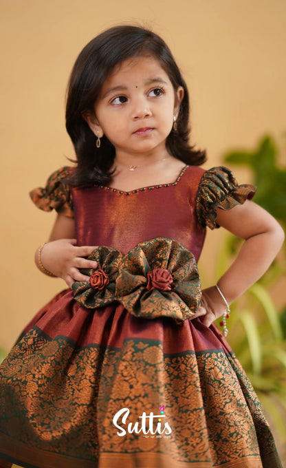 Raaga - Maroon Shade And Dark Green Tone Blended Silk Frock Kids-Suttis