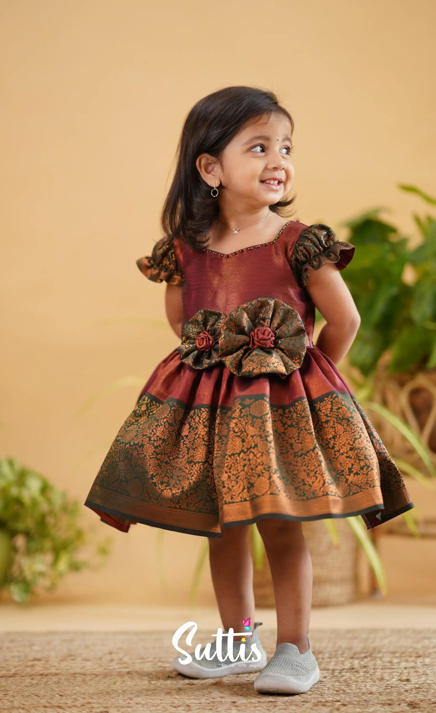 Raaga - Maroon Shade And Dark Green Tone Blended Silk Frock Kids-Suttis