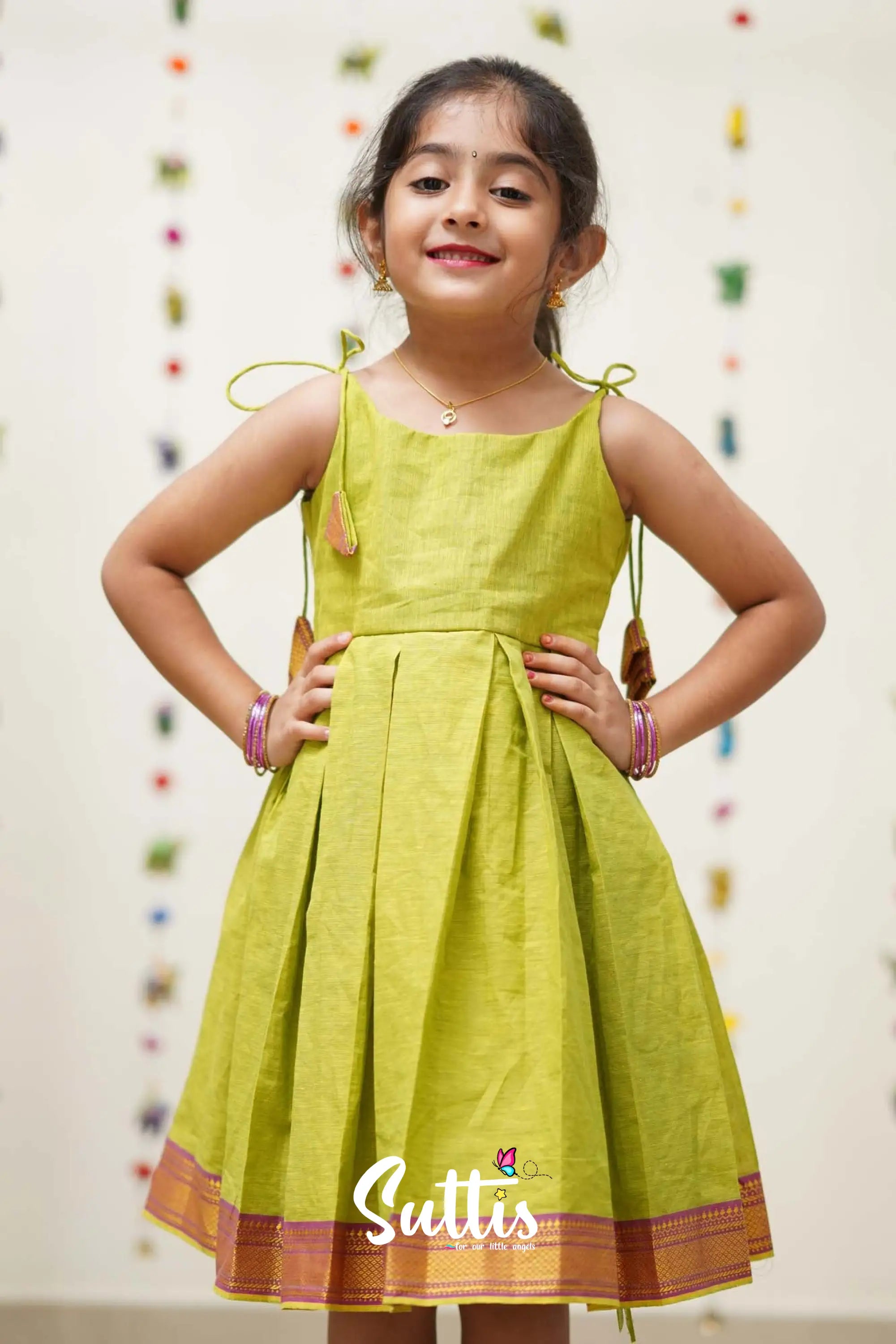 Raaga - Parrot Green And Light Pink Cotton Suttis Frock Kids-Suttis