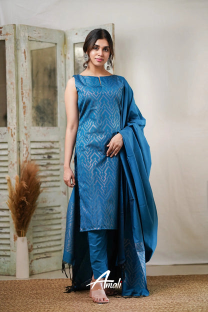 Rathi - Blue Unstitched Semi Kanchipuram Silk Salwar Salwar