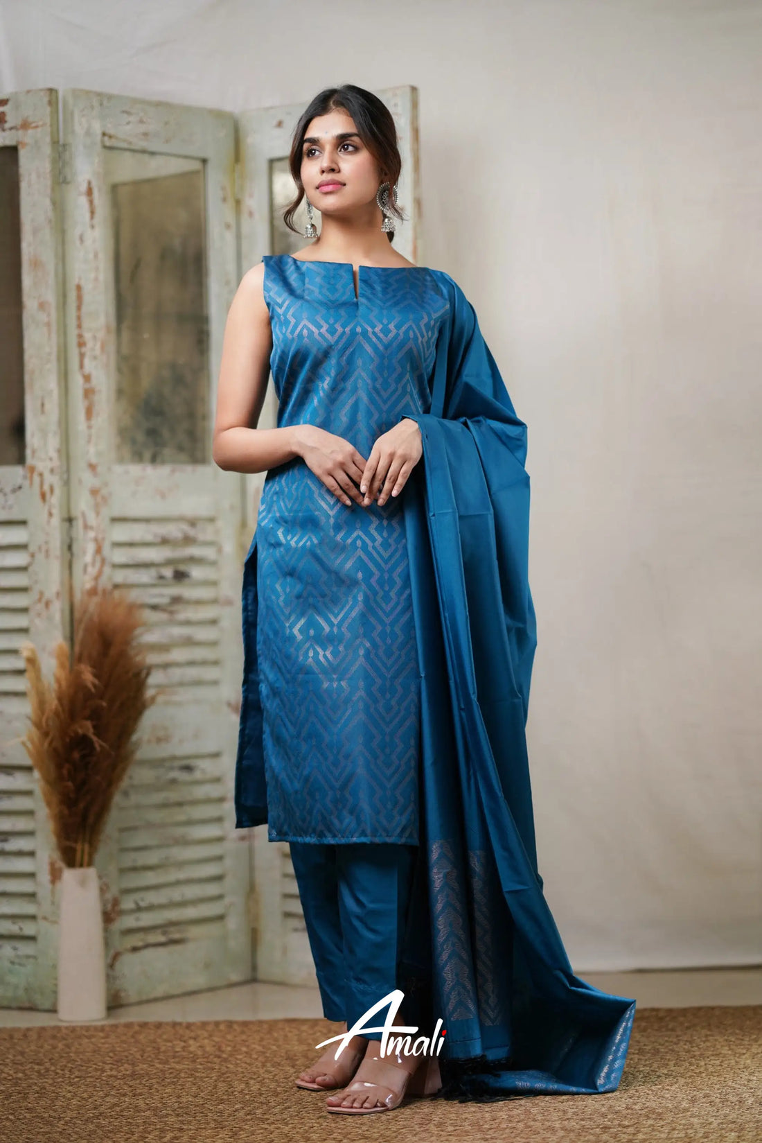 Rathi - Blue Unstitched Semi Kanchipuram Silk Salwar Salwar