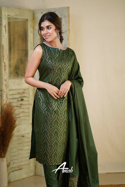 Rathi - Dark Green Unstitched Semi Kanchipuram Silk Salwar Salwar