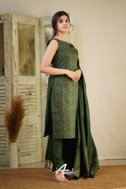 Rathi - Dark Green Unstitched Semi Kanchipuram Silk Salwar Salwar