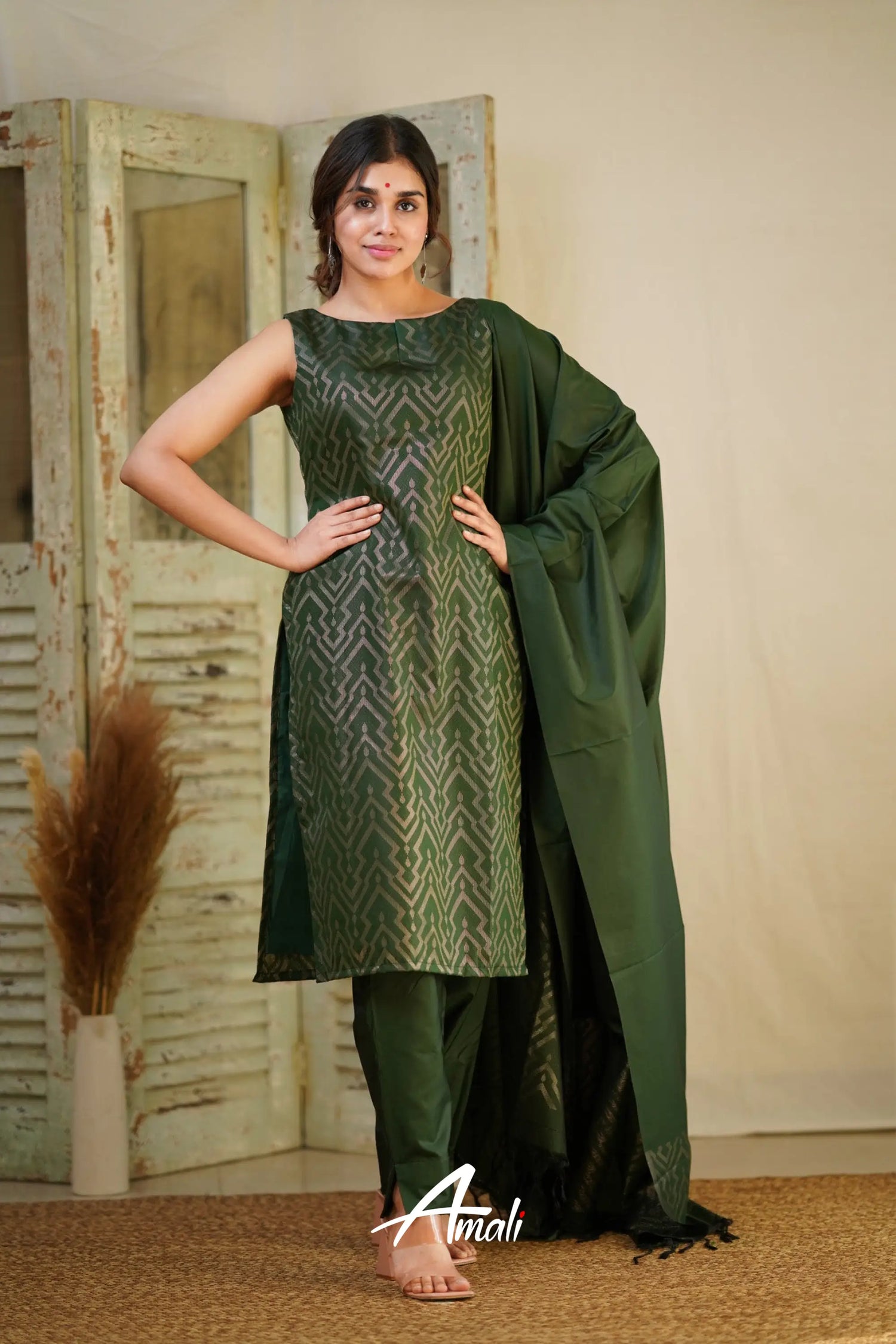 Sanvi - Dark Green Unstitched Semi Kanchipuram Silk Salwar Salwar